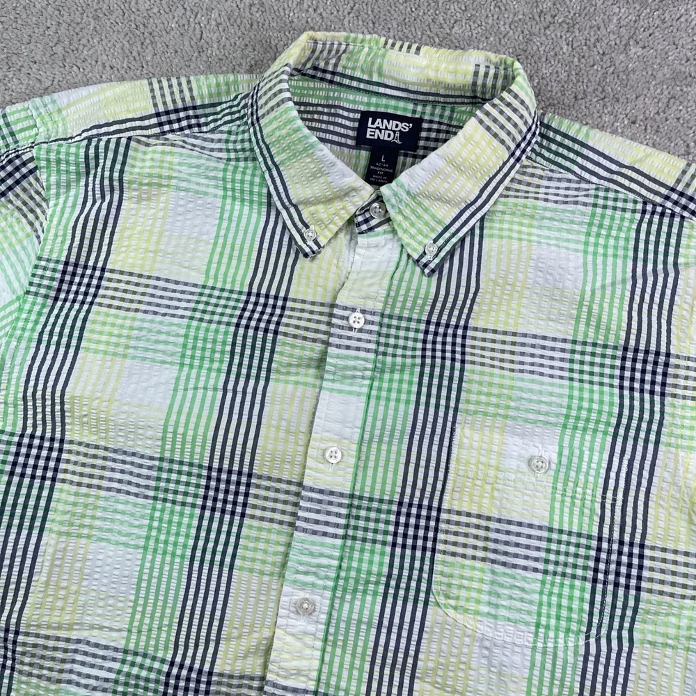 Lands‎ End Shirt Mens Large Green Plaid Seersucker Short Sleeve Button Down Prep